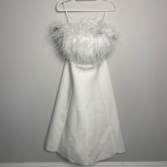 BADGLEY MISCHKA Feather Belted Midi Dress in WHITE Strapless MISSING BELT Size 8 - Picture 7 of 15